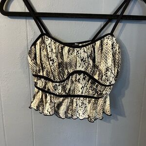 Snakeskin print cami top with black straps and ruffles